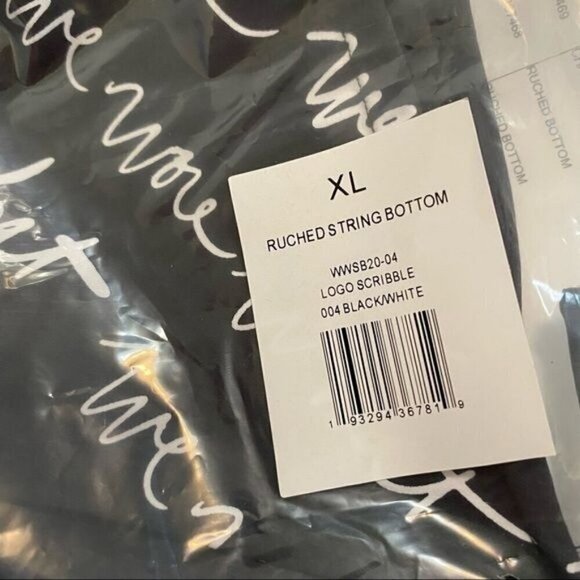 WEWOREWHAT Ruched String Logo Bikini Bottom in Black White XL - Picture 7 of 8